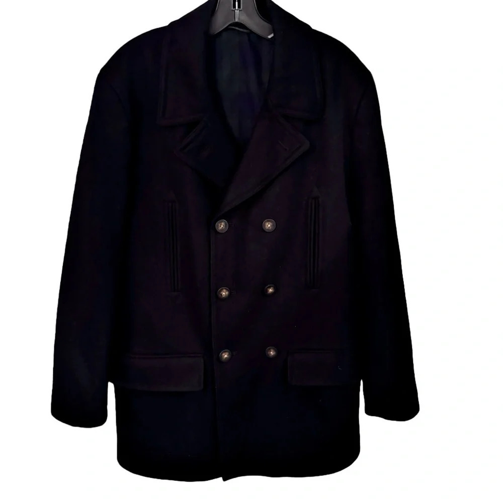 NEW Lauren Ralph Lauren Mens Peacoat 40R Black Double Breasted Wool Blend Coat